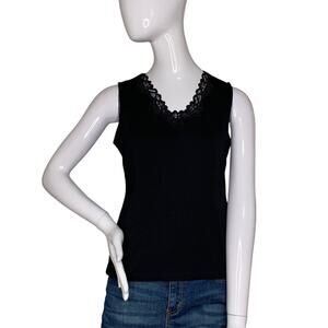 Laura Ashley Top Short Sleeve Lace on Neck Black Size Petite Small